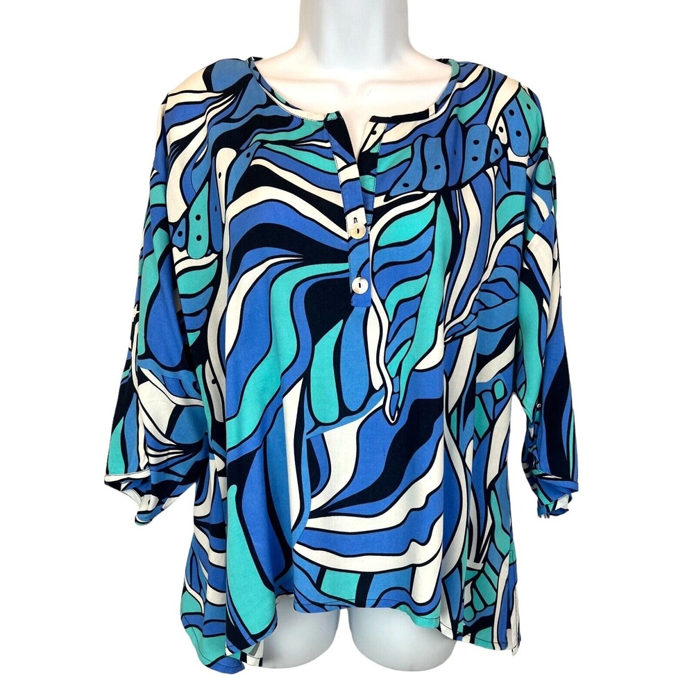 Escapada Living Blue Print Psychedelic High Low Shirt Top Side M 70s Inspired